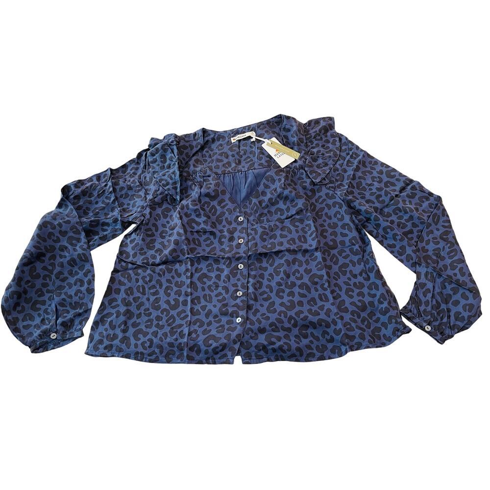 NWT Marine Layer Size Small Rory Long Sleeve Ruffle Blouse Cheetah Blue Purple - Picture 2 of 11